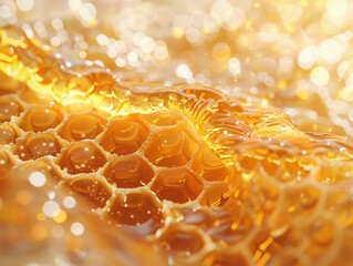 Honey golden and flowing, closeup with a honeycomb backdrop high resulution - obrazy, fototapety, plakaty