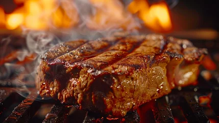 Foto op Canvas Prime rib steak sizzling on a barbq, close view, smoky ambiance ultra HD © Oranuch