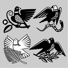 Set of black and white decorative cartoon birds icons in engraving style. Vector illustration