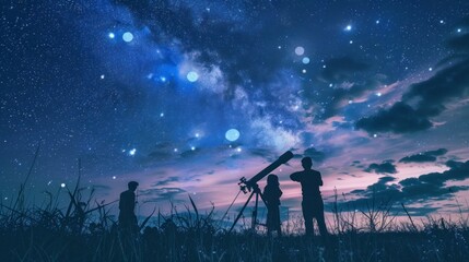 Fototapeta premium group of people observing stars with a telescope at night on a hill with the starry sky in high resolution and high quality HD