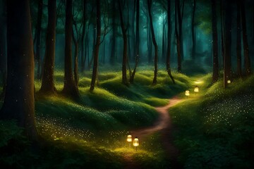 A serene forest glade illuminated by the soft glow of fireflies at dusk, creating a magical and enchanting ambiance in the woods.