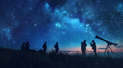 group of people observing stars with a telescope at night on a hill - obrazy, fototapety, plakaty