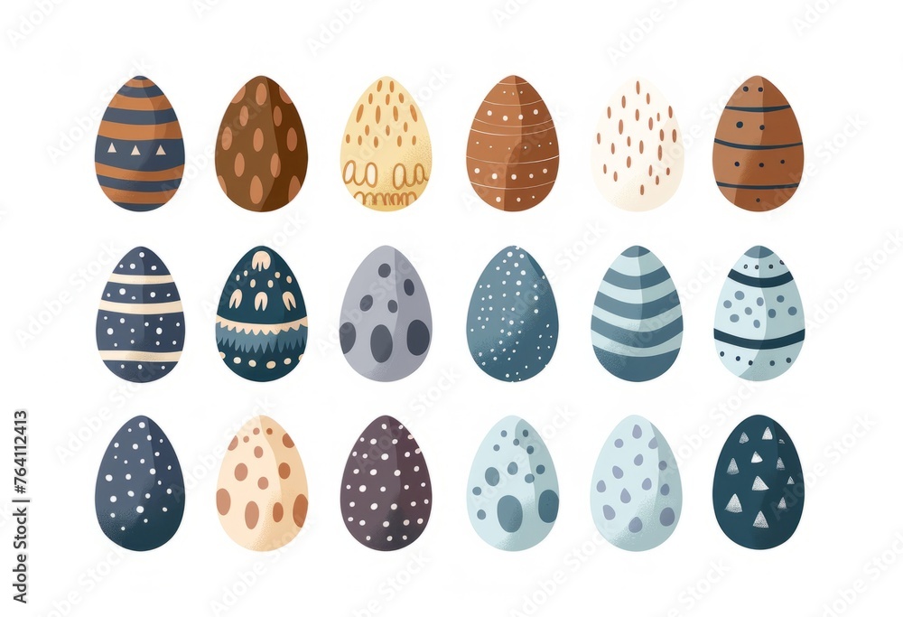 Poster flat color cute simple cartoon easter eggs pattern set isolated on white background generative ai