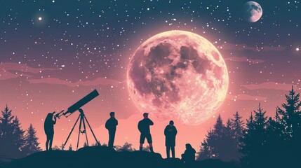 group of people observing stars with a telescope at night on a hill with the starry sky in high resolution and high quality. stars concept