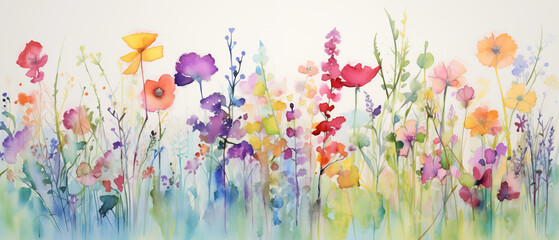 Abstract art, colorful painting art of watercolor a spring flower meadow for banner background. - 764112427
