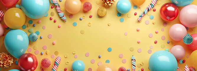 Birthday background top view. Frame of balloons and various party decorations on a pastel yellow background - obrazy, fototapety, plakaty