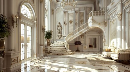 Opulent baroque interior showcasing a grand staircase - obrazy, fototapety, plakaty