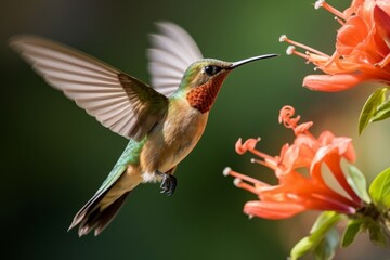 Obraz premium Close up portrait of a hummingbird on a flower with lush jungle background, wildlife in nature