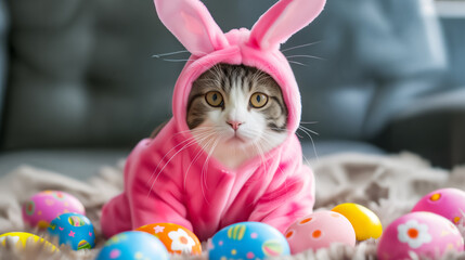 Black and white cat and easter eggs. Black and white cat 
wearing Pink Rabbit Costume.  Happy easter