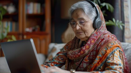 Mujer mayor india con videoconferencia con su ordenador en casa. 