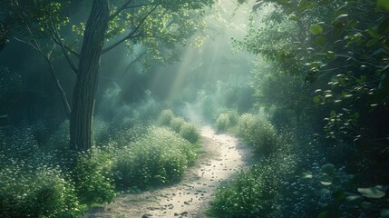 Fototapeta na wymiar Ethereal Forest Journey Winding Path through Tranquil Nature for Mental Wellness and Stress Relief The Healing Power of Nature Stress Reduction and Well-being