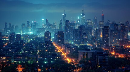 Skyline: A city skyline at night, with illuminated buildings and skyscrapers - obrazy, fototapety, plakaty