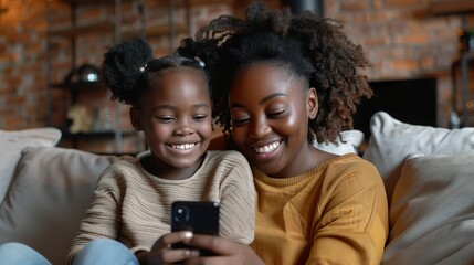 Una madre africana y su hija disfrutan en su casa mirando el teléfono móvil.  - obrazy, fototapety, plakaty
