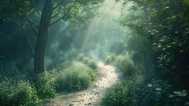 Ethereal Forest Journey Winding Path through Tranquil Nature for Mental Wellness and Stress Relief The Healing Power of Nature Stress Reduction and Well-being © khwanrudi