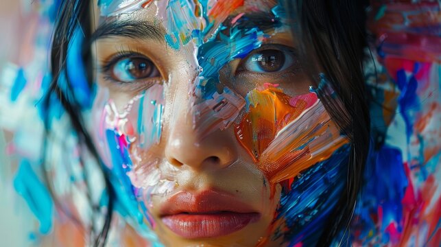 Stunning woman painting with vivid colors, crafting abstract backdrop