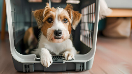 Dog sits in a pet carrier. Moving with animals. Carrying for animals	
