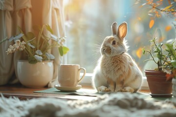 Woman Practicing Morning Yoga with Pet Rabbit in Apartment, Embracing Emotional Animals Support and Harmony Human-animal Bond