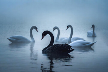 Black swan event. Image of a real black swan in a group of white swans on a misty lake.