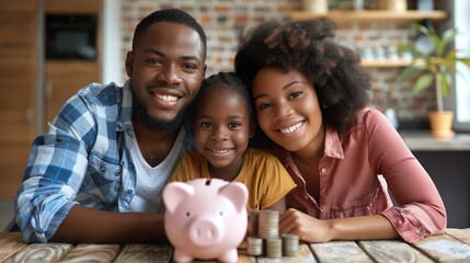 Una pareja africana con su hija reuniendo dinero en una hucha. Concepto de ahorro y banco.  - obrazy, fototapety, plakaty