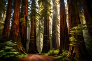 A cluster of majestic redwood trees standing tall and proud, their towering heights dwarfing everything else in the serene forest.