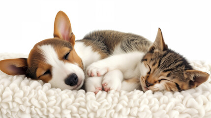 Puppy and kitten lie together. 