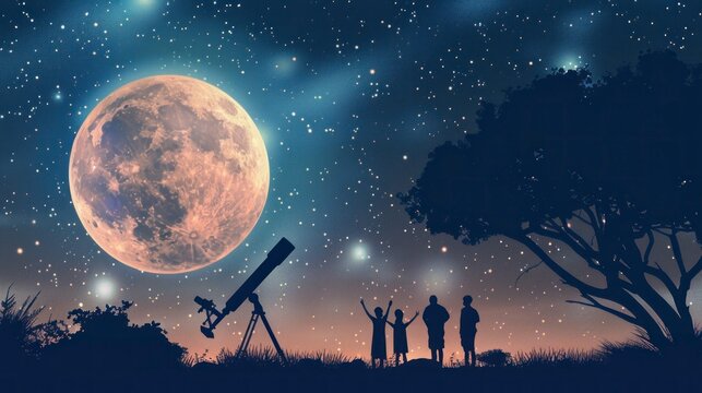 group of people observing stars with a telescope at night on a hill with the starry sky in high resolution and high quality. concept stars, telescope, night, universe, galaxies