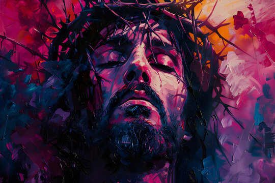 Abstract portrait of Jesus Christ wearing a crown of thorns, original art for Easter and Good Friday.