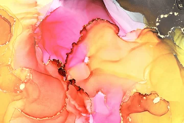Fotobehang Currents of translucent hues, snaking metallic swirls, and foamy sprays of color shape the landscape of these free-flowing textures. Natural luxury abstract fluid art painting in liquid ink technique © Djero Adlibeshe