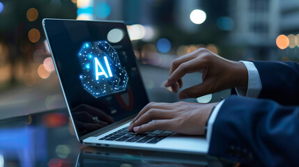 Businessman engages with artificial intelligence interface on his laptop outdoors in an urban setting