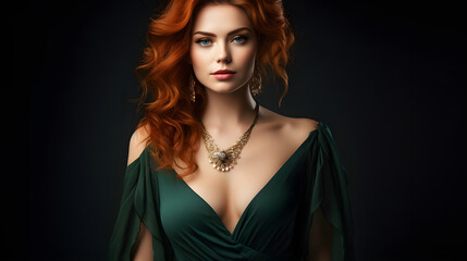 Portrait of a beautiful red-haired young woman with blue eyes in an emerald evening dress with a plunging neckline with gold jewelry on a dark background isolated