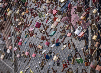 Padlocks on the Marko-Feingold-Steg (Marko Feingold Bridge), Salzburg, Austria