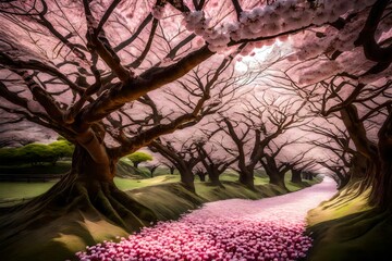 A serene valley filled with cherry blossoms, their delicate petals creating a dreamlike carpet beneath ancient trees.