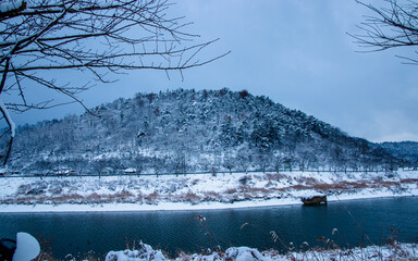 landscape view of hill with snow covered in Naju, South Korea. 