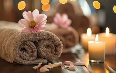 Obraz na płótnie Canvas health spa background concept with candle, towel and flower, perfect for promotional banners advertising spa service