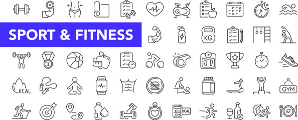 Sport and Fitness icon set with editable stroke. Gym and fitness thin line icon collection. Vector illustration