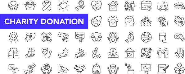 Charity and Donation icon set with editable stroke. Volunteering and donation thin line icon collection. Vector illustration