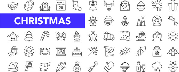 Merry Christmas icon set with editable stroke. Xmas thin line icon collection. Vector illustration