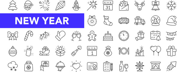 Fototapeta na wymiar New year holiday icon set with editable stroke. Merry Christmas and Happy New Year thin line icon collection. Vector illustration