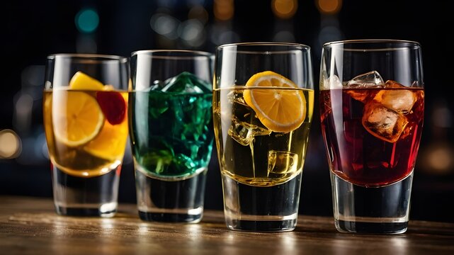 A row of glasses filled with different types of drinks. Ai ganerated image