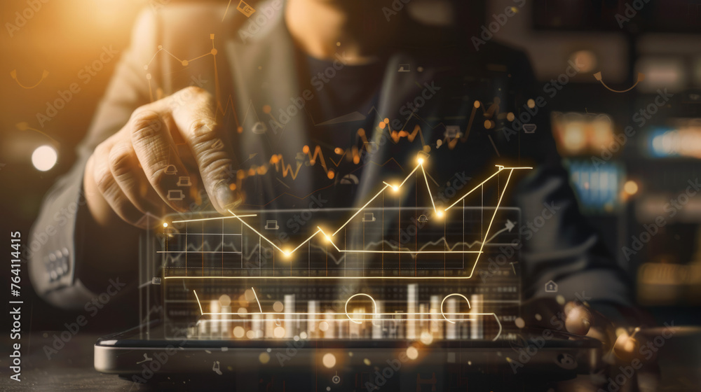 Poster a business individual tracking financial progress with interactive charts and data on tablet device