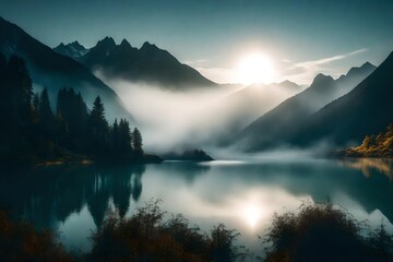 Fototapeta na wymiar A mystical mist hovering over a tranquil lake surrounded by towering mountains shrouded in secrecy.