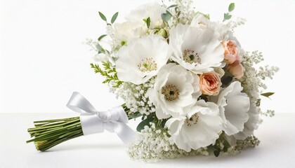 Bukiet ślubny z białych kwiatów i gipsówki na białym tle - obrazy, fototapety, plakaty