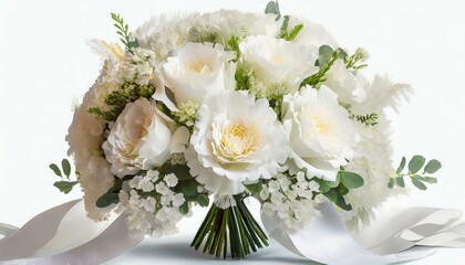 Bukiet ślubny z białych kwiatów i gipsówki na białym tle - obrazy, fototapety, plakaty