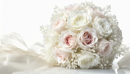 Bukiet ślubny w kształcie kuli z białych i różowych róż i gipsówki na białym tle - obrazy, fototapety, plakaty
