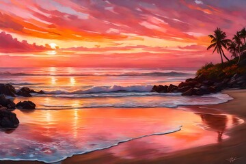 A serene sunrise painting the sky with hues of pink and orange, casting a warm glow over the tranquil beach.
