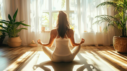 Healthy young woman meditating at home with eyes closed, relaxing body and mind sitting on floor in living room. Mental health, meditation and visualization for no stress.