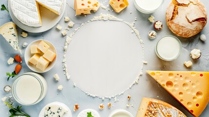 circle background Contains dairy products and cheese There is free space in the middle. For advertising banners