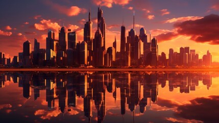 Futuristic Cityscape Bathed in Sunset Glow with Reflective Skyscrapers and Clouds