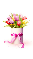 Gift box with various tulips. Woman's Day, Mother’s Day, birthday card. Concept of spring. Fresh blooms symbolize renewal and beauty.