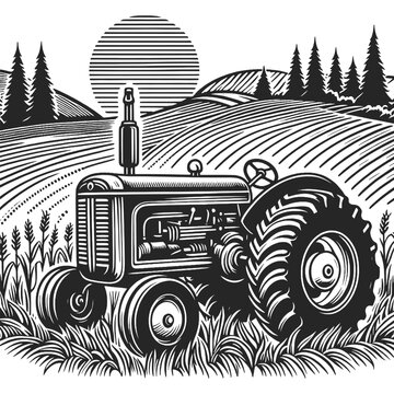  vintage tractor on a farm field, under a stylized sun, rustic nostalgia sketch engraving generative ai fictional character vector illustration. Scratch board imitation. Black and white image.